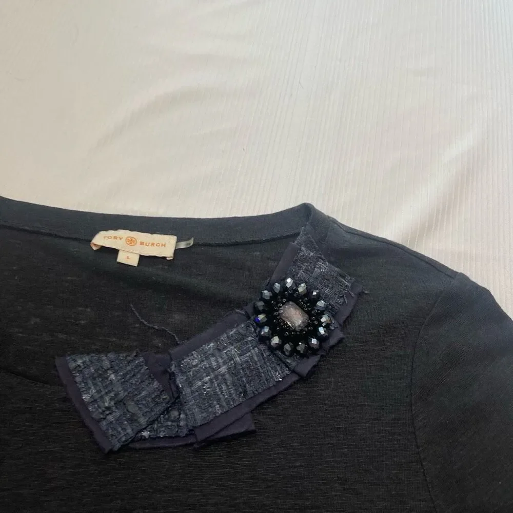 Tory Burch Black Blue Marcella Linen Top Size Large